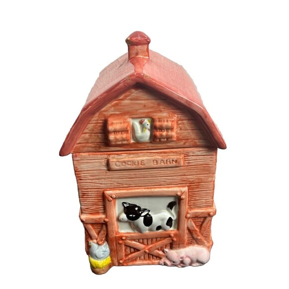 Red Country Cookie Barn Ceramic Cookie‎ Jar with Farm Animals Cow Pig Chicken - Picture 1 of 15